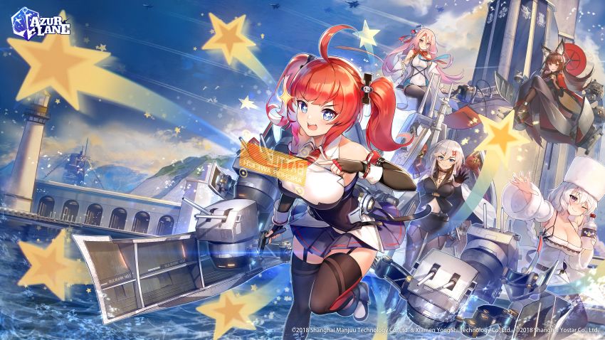 +_+ 5girls :d ;) absurdres ahoge aiguillette aircraft alcohol amagi_(azur_lane) animal_ears avrora_(azur_lane) azur_lane bare_shoulders black_gloves black_kimono black_shirt black_thighhighs blue_eyes blue_sky blunt_bangs blush braid breasts brown_hair building choker cleavage coat collarbone collared_shirt commentary copyright_name covered_navel cowboy_shot cross cross_choker detached_sleeves dress eagle_union_(emblem) elbow_gloves english_text fingerless_gloves flight_deck floating fox_ears full_body fur_hat fur_trim garter_straps gloves hair_between_eyes hair_ornament half_gloves hat highres jacket jacket_on_shoulders janyhero japanese_clothes kimono large_breasts lexington_(azur_lane) lighthouse logo long_hair long_sleeves looking_at_viewer midriff multicolored_dress multiple_girls navel necktie northern_parliament_(emblem) ocean off-shoulder_jacket off_shoulder official_art oil-paper_umbrella one_eye_closed open_mouth outstretched_arm pantyhose pink_eyes pink_hair purple_eyes red_coat red_hair red_neckwear retrofit_(azur_lane) rigging royal_navy_emblem_(azur_lane) sakura_empire_(emblem) sakuramon san_diego_(azur_lane) san_diego_(retrofit)_(azur_lane) ship_turret shirt short_hair sitting skirt sky sleeveless sleeveless_shirt smile sparkle standing standing_on_liquid standing_on_one_leg star_(symbol) straight_hair teeth thick_eyebrows thighhighs twin_braids twintails umbrella underbust upper_teeth_only very_long_hair vodka washington_(azur_lane) watermark white_coat white_dress white_hair white_headwear white_shirt white_sleeves wide_sleeves wrist_cuffs wrist_straps yellow_eyes zettai_ryouiki