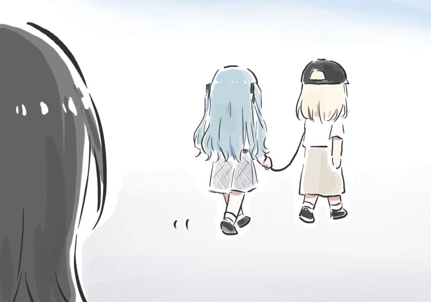 3girls bang_dream! bang_dream!_it&#039;s_mygo!!!!! baseball_cap black_hair black_hat blonde_hair blue_hair brown_skirt grey_skirt hat holding holding_leash leash long_hair lyy misumi_uika multiple_girls shiina_taki shirt short_sleeves simple_background skirt togawa_sakiko two_side_up white_background white_shirt yuri