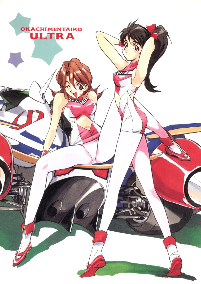 2girls absurdres ass black_hair breasts brown_hair car clothing_cutout covered_erect_nipples future_gpx_cyber_formula highres leotard motor_vehicle multiple_girls nanase_satsuki navel navel_cutout one_eye_closed pantyhose pantyhouse shinohara_megumi sitting smile wink