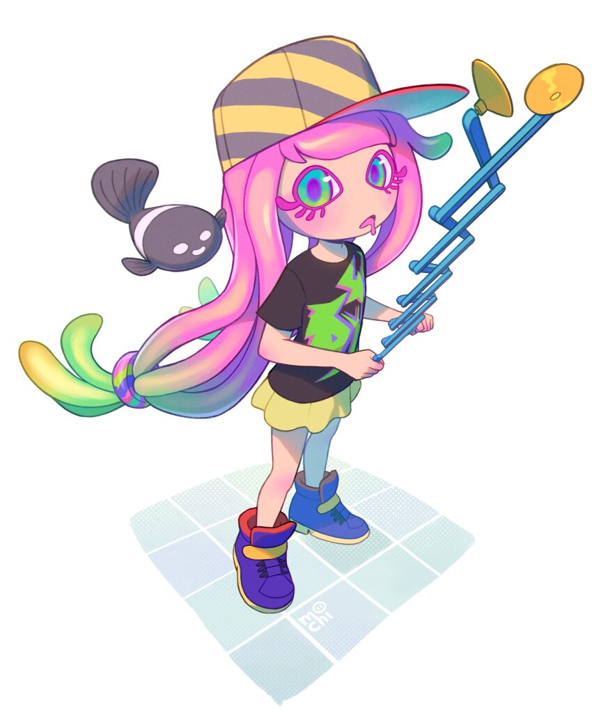 1girl absurdres artist_logo baseball_cap black_shirt blonde_hair blue_footwear blunt_bangs brown_headwear clownfish commentary commission english_commentary fish frilled_skirt frills full_body gradient_hair green_eyes green_hair harmony&#039;s_clownfish_(splatoon) harmony_(splatoon) hat high_tops highres holding inkumochi light_blush logo long_hair looking_at_viewer miniskirt multicolored_footwear multicolored_hair multicolored_headwear nintendo nintendo_ultra_hand open_mouth pink_hair print_shirt saliva shirt shoes short_sleeves simple_background skirt sneakers solo_focus splatoon_(series) splatoon_3 standing swept_bangs tentacle_hair tile_floor tiles very_long_hair white_background yellow_headwear yellow_shoes yellow_skirt