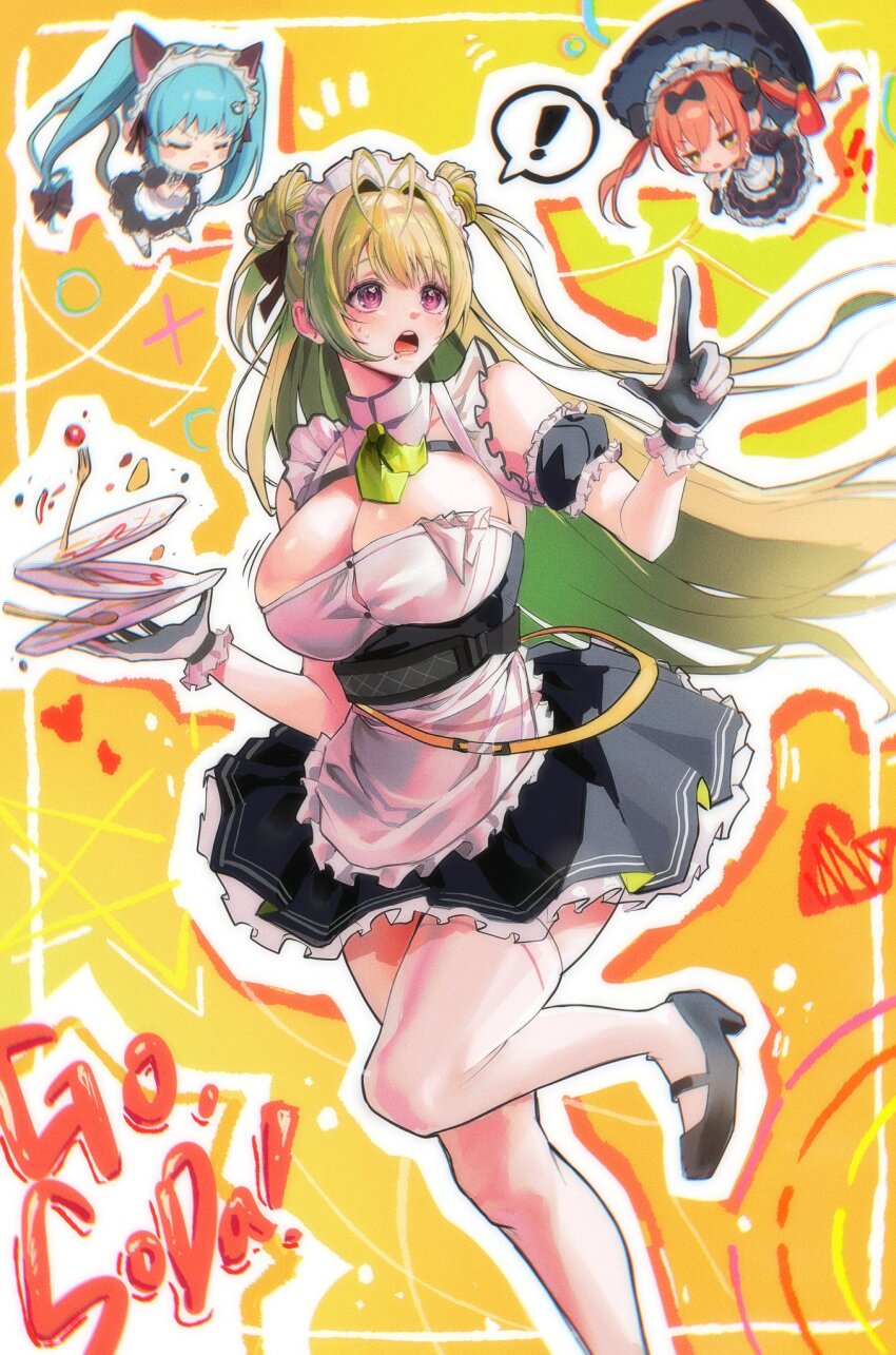 ! 3girls angel_and_devil antenna_hair apron armband ascot blue_hair blush breast_strap breasts button_gap chest_strap cleavage cocoa_(nikke) english_text food food_on_face fork frilled_armband frills gloves goddess_of_victory:_nikke green_ascot green_hair hair_ornament heart_antenna_hair highres holding holding_umbrella large_breasts long_hair maid maid_apron maid_for_you_(nikke) maid_headdress multiple_girls n1n1 open_mouth parasol pink_hair privaty_(nikke) privaty_(unkind_maid)_(nikke) purple_eyes sauce soda_(nikke) thighhighs twintails two-tone_gloves umbrella undersized_breast_cup