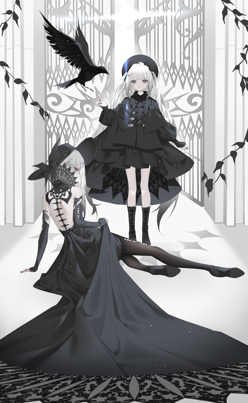 2girls absurdres back bare_back bare_shoulders beret bird black_boots black_bow black_capelet black_dress black_hat black_nails black_pantyhose black_shoes black_sleeves blue_eyes boots bow capelet crow detached_sleeves dress gate hair_bow hand_on_floor hat hat_belt hat_bow high-low_dress highres kotarou_(kot_mochi) lace-up_boots long_dress long_hair looking_at_viewer lying multiple_girls nail_polish on_side original pantyhose profile shoes sideways_glance skirt_hold two_side_up very_long_hair white_hair