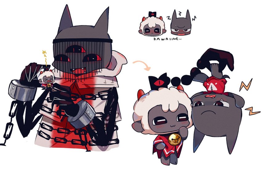 1boy 1other animal_ears animate_object black_cat black_fur blood cape cat cat_ears cat_tail chain crown cult_of_the_lamb embarrassed extra_eyes furry furry_male horns migishita narinder_(cult_of_the_lamb) open_mouth red_cape red_crown_(cult_of_the_lamb) red_eyes sheep sheep_ears sheep_horns simple_background smile tail the_lamb_(cult_of_the_lamb) wool