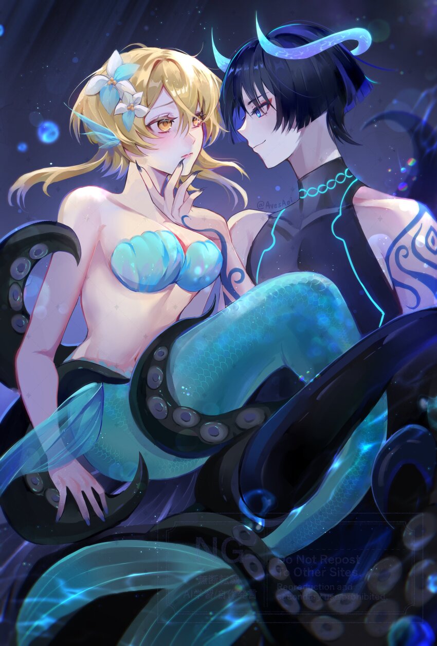 1boy 1girl absurdres alternate_costume alternate_species alternate_universe arm_at_side arm_tattoo avesaoi bare_shoulders black_bodysuit blonde_hair blue_eyes blue_flower blunt_ends blush bodysuit breasts bubble cleavage closed_mouth colored_inner_hair covered_collarbone entangled eyelashes eyeliner eyeshadow face-to-face fins flower genshin_impact glowing_markings hair_flower hair_ornament hand_on_another&#039;s_face head_fins hetero highres horns large_breasts looking_at_another lumine_(genshin_impact) makeup mermaid monster_girl multicolored_flower multicolored_hair navel purple_hair purple_nails red_eyeliner red_eyeshadow red_lips scaramouche_(genshin_impact) shell shell_bikini short_hair short_hair_with_long_locks sidelocks sleeveless sleeveless_bodysuit smile tattoo tentacles tsurime twitter_username underwater wanderer_(genshin_impact) white_flower white_horns yellow_eyes