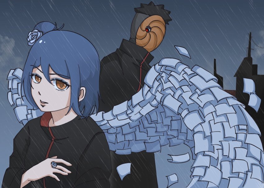 1boy 1girl aiqi09268547 akatsuki_(naruto) black_hair blue_hair face_piercing highres konan_(naruto) labret_piercing mask masked_madara naruto_(series) naruto_shippuuden orange_eyes paper rain sharingan short_hair tobi_(naruto) uchiha_obito wings