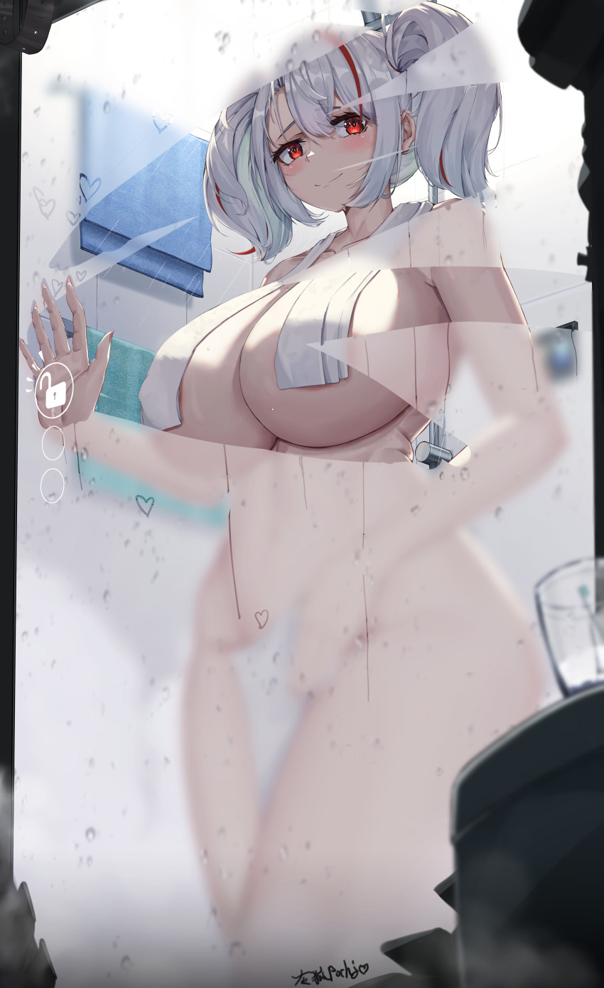 1girl absurdres against_glass areola_slip azur_lane breasts condensation grayfoxpochi hand_on_glass highres huge_breasts indoors long_hair multicolored_hair prinz_adalbert_(azur_lane) prinz_adalbert_(bathroom_slip_up)_(azur_lane) red_eyes red_hair shower_(place) solo streaked_hair tile_wall tiles towel twintails two-tone_hair white_hair