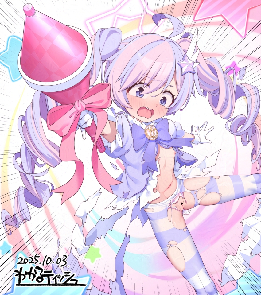 1girl ahoge artist_name bar_censor blue_archive blue_eyes blush bow censored cleft_of_venus dated dress drill_hair frilled_sleeves frills gloves hair_ornament highres holding holding_wand kanabun loli long_hair looking_down magical_girl multicolored_hair navel nipples open_mouth pantyhose pink_hair purple_bow purple_dress purple_hair pussy reisa_(blue_archive) reisa_(magical)_(blue_archive) solo star_(symbol) star_hair_ornament star_symbol_background striped_clothes striped_pantyhose torn_clothes torn_dress torn_pantyhose twin_drills twintails two-tone_hair wand white_gloves