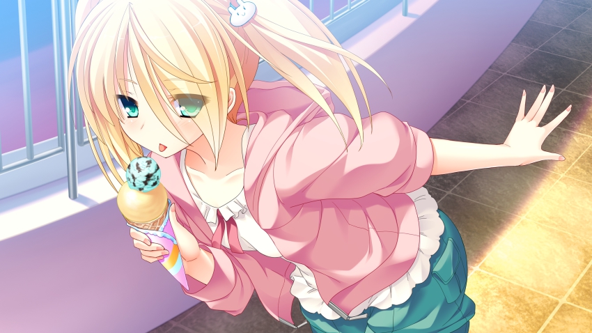 1girl blonde_hair blush chuablesoft collarbone female_focus food green_eyes hair_ornament highres hood hood_down hoodie ice_cream licking long_hair love_ra_bride mutou_kurihito solo twintails yuuki_nao