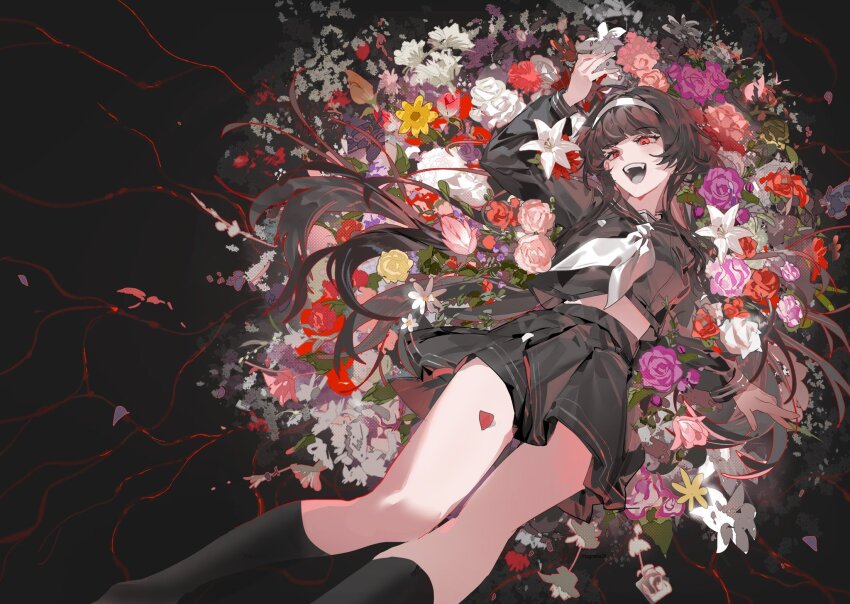 1girl black_background black_hair black_serafuku black_shoes black_skirt black_socks commentary flower highres kneehighs laughing long_hair long_sleeves lying magnolia29 neckerchief open_mouth original pleated_skirt red_eyes sailor_collar school_uniform serafuku shirt shoes skirt socks solo symbol-only_commentary twintails white_flower