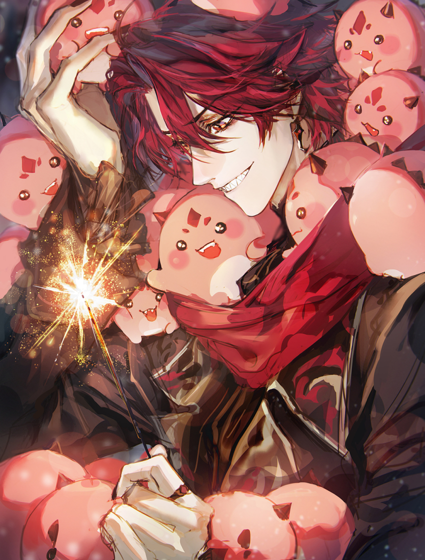 1boy black_coat coat commentary creature earrings english_commentary fireworks gloves grin haban_(haban35) hair_between_eyes highres holding holding_fireworks holostars holostars_english jewelry jurard_t_rexford long_sleeves looking_down male_focus new_year red_eyes red_hair red_scarf ring scarf sharp_teeth short_hair slit_pupils smile solo sorawrity_(jurard_t_rexford) sparkler teeth virtual_youtuber white_gloves
