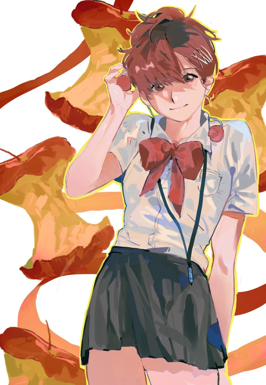 1girl achai_dong apple apple_core black_skirt bow brown_hair digital_media_player food fruit gekkoukan_high_school_uniform hair_ornament hairclip headphones highres persona persona_3 persona_3_portable red_bow red_eyes school_uniform shiomi_kotone shirt shirt_tucked_in short_hair short_sleeves skirt smile solo summer_uniform white_shirt