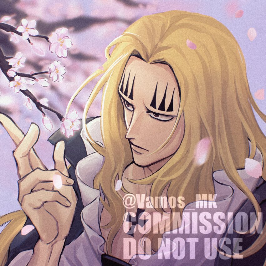 1boy basil_hawkins blonde_hair blurry blurry_background branch brown_eyes closed_mouth commission cross_tattoo facial_mark fingernails highres male_focus one_piece outdoors petals solo spring_(season) tattoo vamos_mk