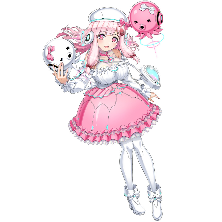 1girl bag blunt_bangs breasts crosshair crosshair_pupils dolphin_wave dress earbuds earphones game_cg high_heels highres large_breasts long_hair long_sleeves looking_at_viewer low-tied_sidelocks nacht_(dolphin_wave) non-web_source octopus octopus_hair_ornament official_art ootomo_takuji open_mouth pink_dress pink_eyes pink_hair pink_skirt robot shoes shoulder_bag sidelocks skirt smile solo thighhighs transparent_background white_shoes white_thighhighs