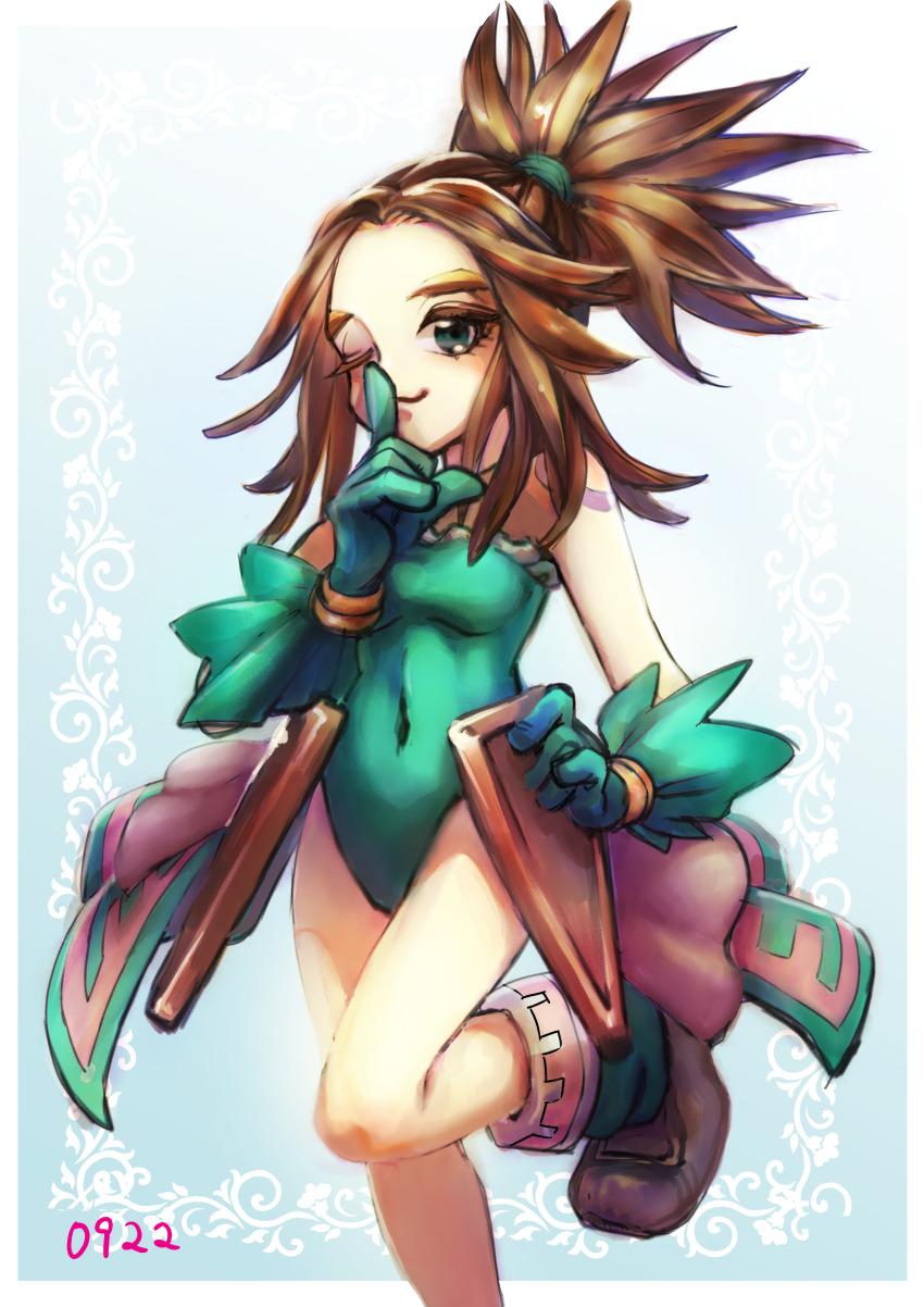 1girl absurdres boots brown_boots brown_hair candy_mintblue closed_mouth commentary_request ethanol80per finger_to_mouth foot_out_of_frame gloves green_eyes green_gloves green_leotard highres leotard looking_at_viewer magical_vacation one_eye_closed ponytail shushing solo standing standing_on_one_leg white_background