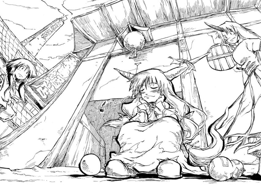 3girls closed_eyes female_focus from_below gourd greyscale hakurei_reimu horns hoshiguma_yuugi ibuki_suika monochrome multiple_girls pandemonium shop single_horn sleeping smoke touhou