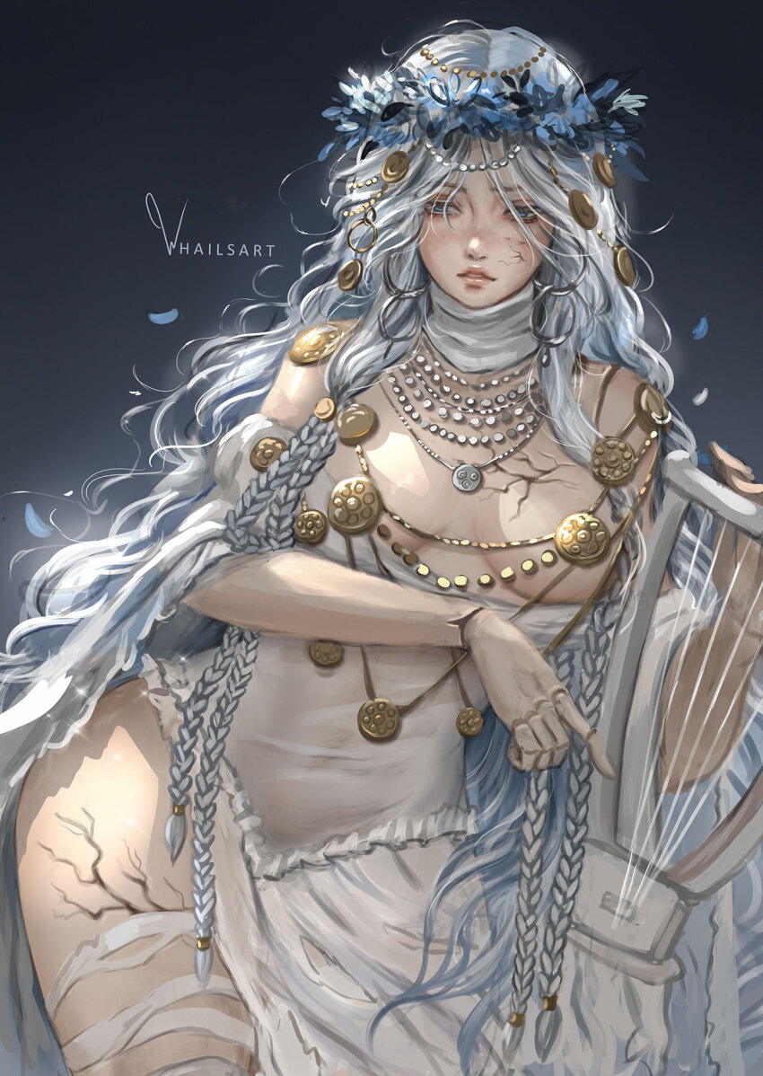 1girl blue_eyes braid breasts covered_erect_nipples cowboy_shot cracked_skin doll_joints dress elden_ring elden_ring_nightreign facing_viewer falling_petals head_wreath highres holding holding_instrument holding_lyre instrument jewelry joints looking_to_the_side low_twin_braids lyre medium_breasts necklace parted_bangs parted_lips petals revenant_(elden_ring) signature simple_background solo twin_braids whails white_dress white_hair wide_hips