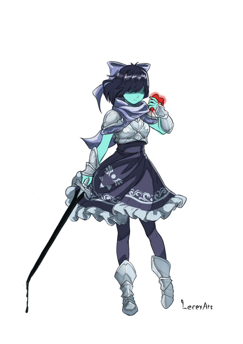 1other absurdres adapted_costume aqua_skin armor armored_boots black_hair black_pantyhose black_skirt boots breastplate colored_skin covered_eyes deltarune hair_over_eyes heart highres holding holding_sword holding_weapon kris_(deltarune) lefeyart pantyhose short_hair simple_background skirt sword vambraces weapon white_background