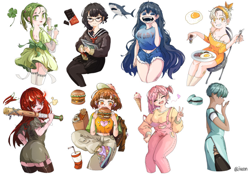 6+girls :d ass back_bow bacon bandaid bandaid_on_arm bandaid_on_leg baseball_bat black_eyes black_hair black_pantyhose black_skirt black_thighhighs blue_dress blue_eyes bow brown-framed_eyewear burger candy chair chili_pepper chocolate chocolate_bar clover clover_hair_ornament cup denim denim_shorts disposable_cup dress drinking_straw eating egg_(food) food fork french_fries garter_straps glasses green_dress green_eyes hair_bobbles hair_ornament hairclip hand_on_own_hip hand_up heart heart_print highres holding holding_baseball_bat holding_burger holding_food holding_fork holding_knife horns jacket kimsoing knife long_hair looking_back macaron midriff multiple_girls nail_(hardware) nail_bat navel neckerchief open_mouth orange_shirt original overalls pantyhose pepper_shaker personification pink_overalls ponytail procreate_(medium) red_horns red_neckerchief scar scar_on_leg sharp_teeth shirt shoes short_hair short_ponytail short_shorts short_twintails shorts side_ponytail sitting skirt smile sneakers strap_slip tan teeth thighhighs twintails twitter_username very_long_hair white_thighhighs yellow_dress zettai_ryouiki