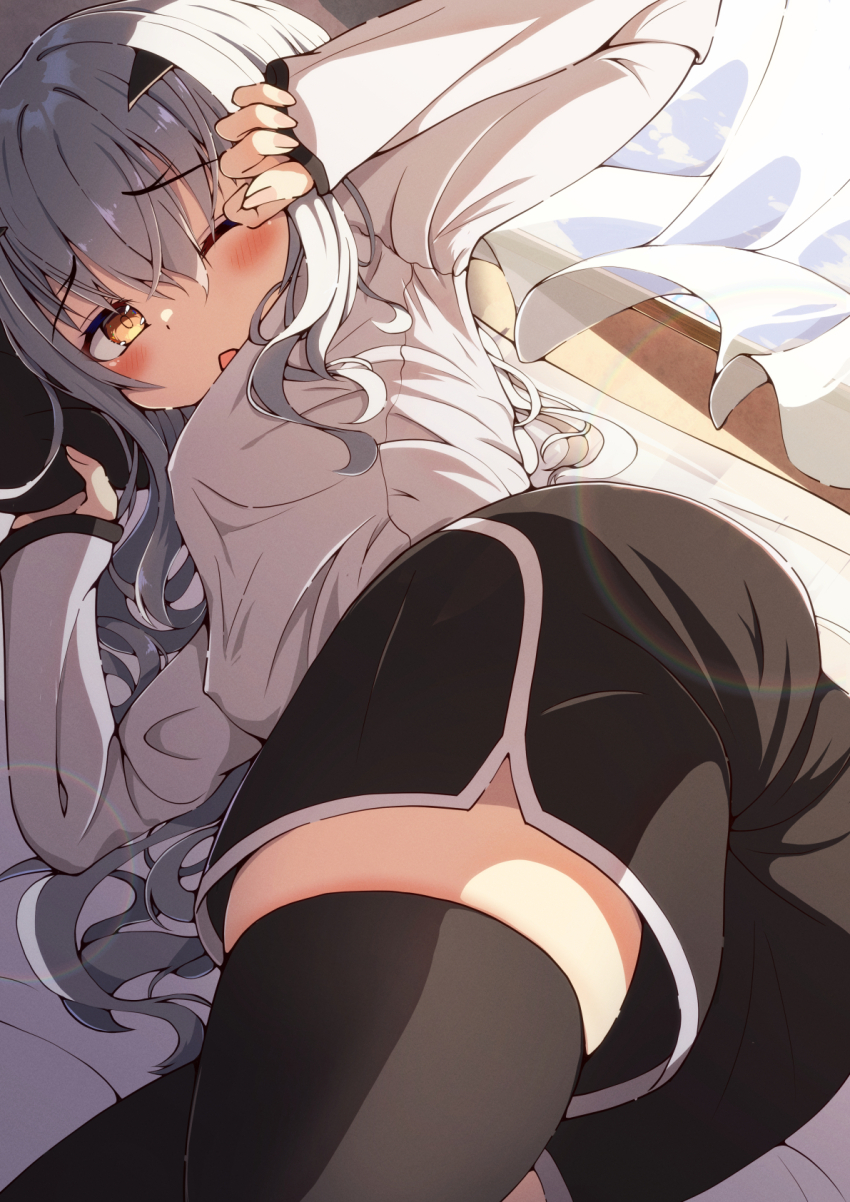 1girl ass black_shorts black_thighhighs blush breasts dolphin_shorts fate/grand_order fate_(series) forked_eyebrows highres long_hair long_sleeves looking_at_viewer lying melusine_(fate) one_eye_closed open_mouth peisuto shirt short_shorts shorts sidelocks small_breasts solo thighhighs thighs white_hair white_shirt yellow_eyes