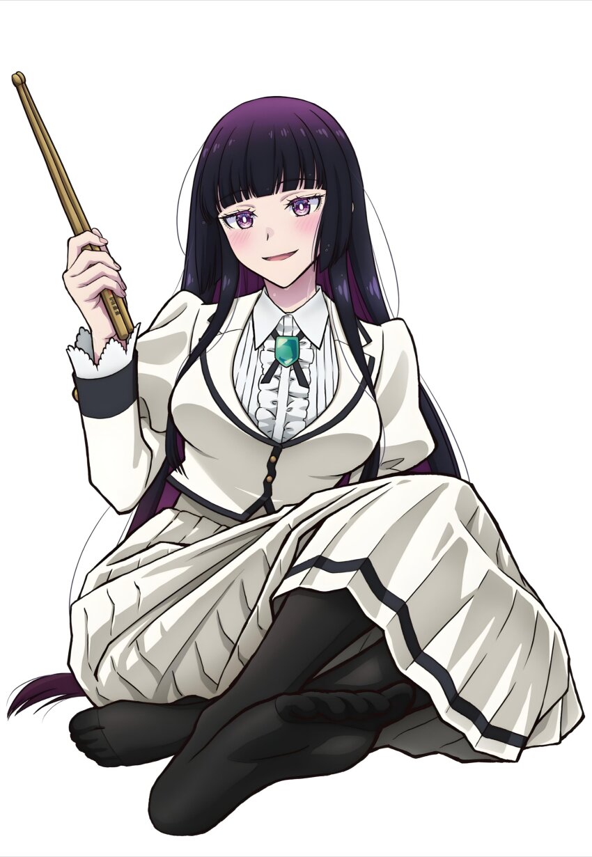 1girl absurdres anime_coloring black_cross_tie black_pantyhose blunt_bangs blush breasts center_frills collared_shirt cross_tie dress_shirt drumsticks feet frilled_shirt frills full_body highres hime_cut holding holding_drumsticks jacket juliet_sleeves kurogane_otoha large_breasts long_hair long_skirt long_sleeves looking_at_viewer magazine_scan megami_magazine no_shoes official_art pantyhose parted_lips pleated_skirt puffy_sleeves purple_eyes purple_hair rock_wa_lady_no_tashinami_deshite scan school_uniform shirt sidelocks simple_background sitting skirt smile solo suwa_kanae sweat textless_version third-party_source very_long_hair white_background white_jacket white_shirt white_skirt