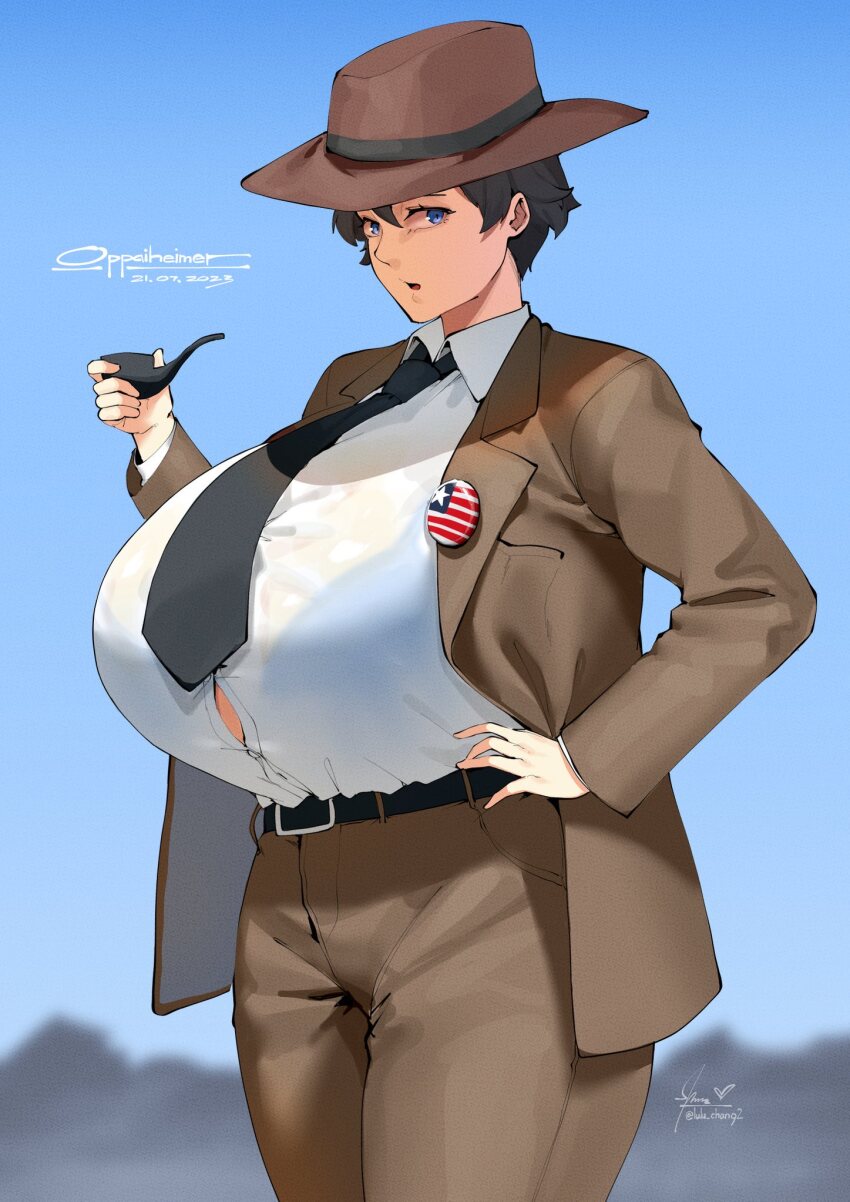 1girl belt black_hair black_necktie blue_eyes blue_sky blurry blurry_background bra_visible_through_clothes breasts brown_pants brown_suit collared_shirt commentary curvy dated english_commentary fedora formal_clothes genderswap genderswap_(mtf) gigantic_breasts hand_on_own_hip hat highres holding holding_smoking_pipe julius_robert_oppenheimer lulu-chan92 necktie oppenheimer_(movie) pants pin pun shirt short_hair sky smoking_pipe solo standing suit thick_thighs thighs tomboy white_shirt