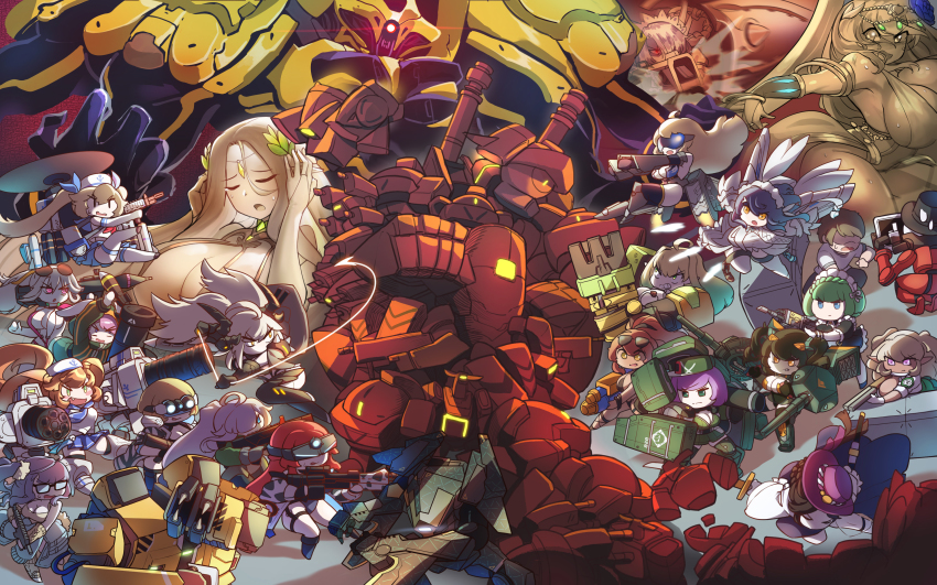 1boy absurdly_long_hair absurdres acrobatic_sunny alternate_costume anger_vein auto_guard_system between_breasts black_wyrm_(last_origin) blonde_hair bloody_panther_(last_origin) blush blush_stickers bodysuit breasts brown_hair brownie_(last_origin) calista_(last_origin) cannon cerestia_of_life chibi closed_eyes commander_(last_origin) daphne_(last_origin) dark_elf dark_elven_forest_ranger diffraction_spikes dress efreeti_(last_origin) elbow_gloves elf elven_forest_maker eyewear_on_head faucre_the_evil_overlord fortune_(last_origin) gat_(hat) gloves gnome_(last_origin) green_eyes green_hair gremlin_(last_origin) harpyia_(last_origin) hat highres hoyo impet_(last_origin) keumran_(last_origin) large_breasts last_origin leprechaun_(last_origin) long_hair lumberjane_(last_origin) maid maid_headdress mr_alfred multicolored_hair multiple_girls nereid_(last_origin) orange_eyes orange_hair pleated_skirt pointy_ears ponytail pout purple_eyes purple_hair red_eyes red_hair robert_(last_origin) robot shade_(last_origin) short_hair skirt snow_feather_(last_origin) spriggan_(last_origin) straw_hat swimsuit sword talon_feather_(last_origin) tank_turret thetis_(last_origin) tommy_walker top_hat two-tone_hair vanilla_(last_origin) very_long_hair war_wolf_(last_origin) weapon white_hair yellow_eyes yumi_(last_origin)
