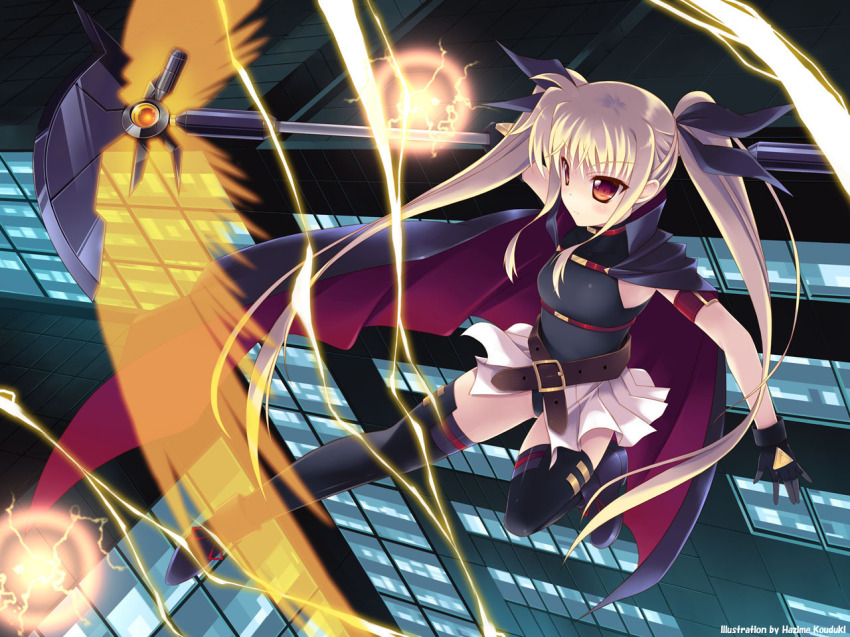 00s 1girl bardiche_(nanoha) bardiche_(scythe_form)_(nanoha) belt black_thighhighs blonde_hair bow buckle cape fate_testarossa fate_testarossa_(movie_1st_form) female_focus gloves hair_bow kouzuki_hajime long_hair lyrical_nanoha mahou_shoujo_lyrical_nanoha red_eyes scythe skirt solo thighhighs twintails very_long_hair