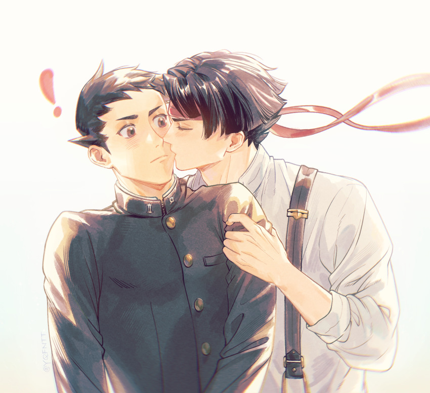 ! 2boys ace_attorney black_hair black_jacket brown_eyes buttons chinese_commentary closed_eyes closed_mouth commentary_request hand_on_another&#039;s_arm headband highres jacket kaze_(yznyttdgs) kazuma_asogi kiss kissing_cheek male_focus multiple_boys red_headband ryunosuke_naruhodo shirt short_hair surprise_kiss surprised suspenders the_great_ace_attorney white_background white_shirt yaoi