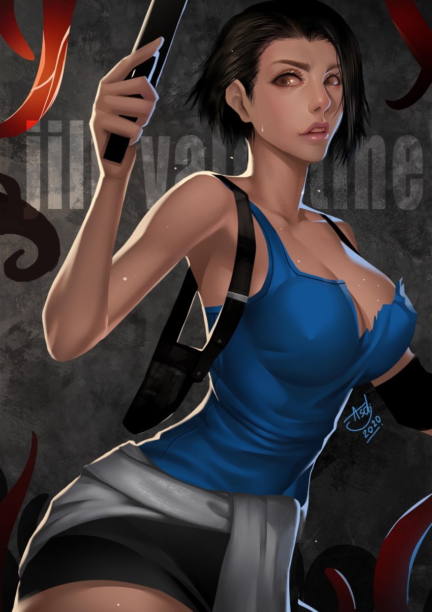 1girl asdj black_skirt blue_shirt brown_hair character_name clothes_around_waist gun handgun highres holding holding_gun holding_weapon jill_valentine miniskirt parted_lips resident_evil resident_evil_3:_nemesis shirt short_hair signature skirt sweat sweater sweater_around_waist weapon