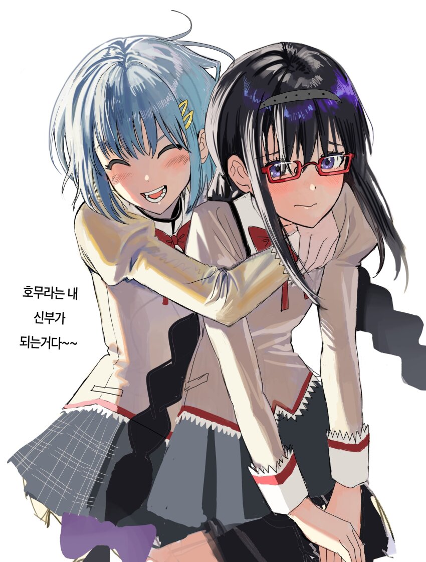 2girls absurdres akemi_homura black_hair black_skirt blue_eyes bow braid bub_bub20 closed_eyes glasses hair_ornament highres hug juliet_sleeves long_hair long_sleeves mahou_shoujo_madoka_magica miki_sayaka miniskirt mitakihara_school_uniform multiple_girls nervous puffy_sleeves school_uniform short_hair skirt smile