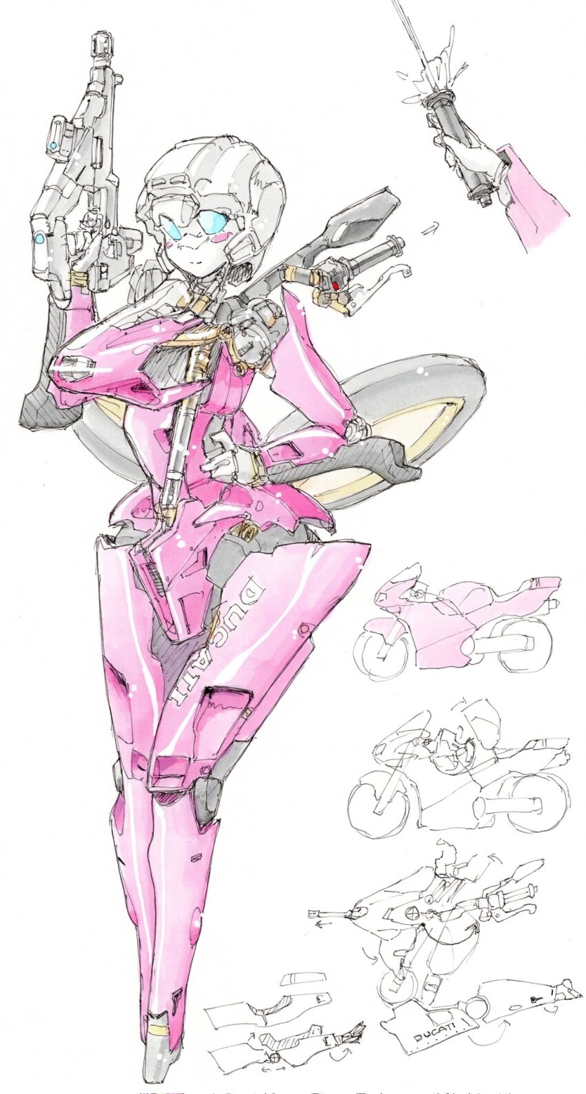 1girl arcee arrow_(symbol) autobot blue_eyes blush corrupted_twitter_file ducati energy_sword gun hand_on_own_hip highres holding holding_gun holding_sword holding_weapon looking_at_viewer mecha mecha_focus motor_vehicle motorcycle multiple_views redesign robot smile sword tenkiame_(qwm04lnaymk2a7e) transformers transformers:_rise_of_the_beasts transformers_(live_action) weapon white_background