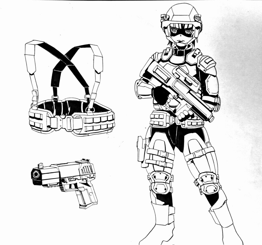 1girl airburst_grenade_launcher alliant_techsystems armor body_armor bullpup computerized_scope exoskeleton fn_five-seven grenade_launcher gun handgun harness heckler_&amp;_koch helmet highres holding holding_gun holding_weapon l-3_ios_brashear long_gun looking_at_viewer microphone military military_program military_uniform monochrome oicw_increment_2_(military_program) oicw_increments_(military_program) orbital_atk original pattsu-i pazzi pdw-caliber_pistol pistol power_armor power_suit precision-guided_firearm prototype_design scope semi-automatic_grenade_launcher sidearm sight_(weapon) smart_scope telescopic_sight weapon xm104_(smart_scope) xm25_cdte