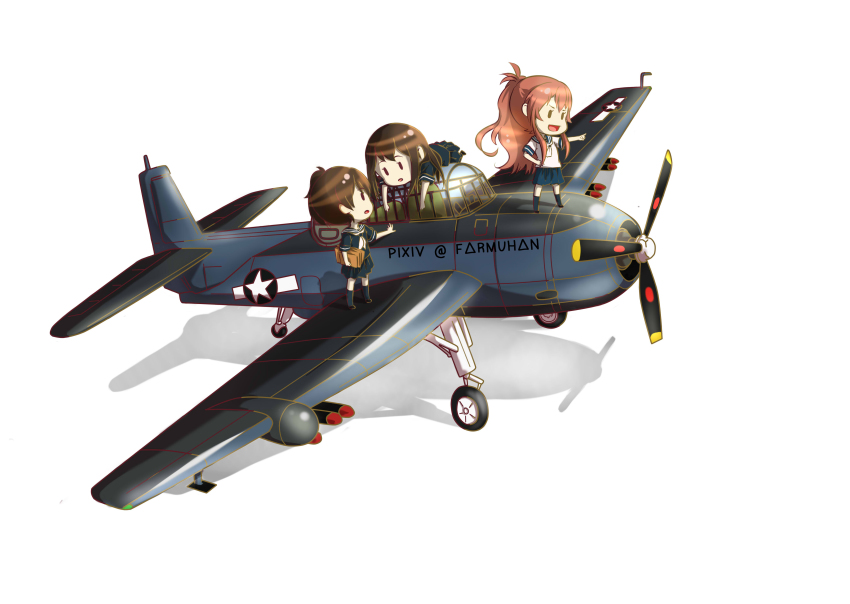 3girls absurdres aircraft airplane akagi_(kancolle) brown_hair fairy_(kancolle) farmuhan highres kaga_(kancolle) kantai_collection long_hair multiple_girls open_mouth pointing ponytail propeller red_hair rocket roundel saratoga_(kancolle) school_uniform serafuku shadow side_ponytail simple_background straight_hair tbf_avenger united_states_navy vehicle_focus wheel white_background