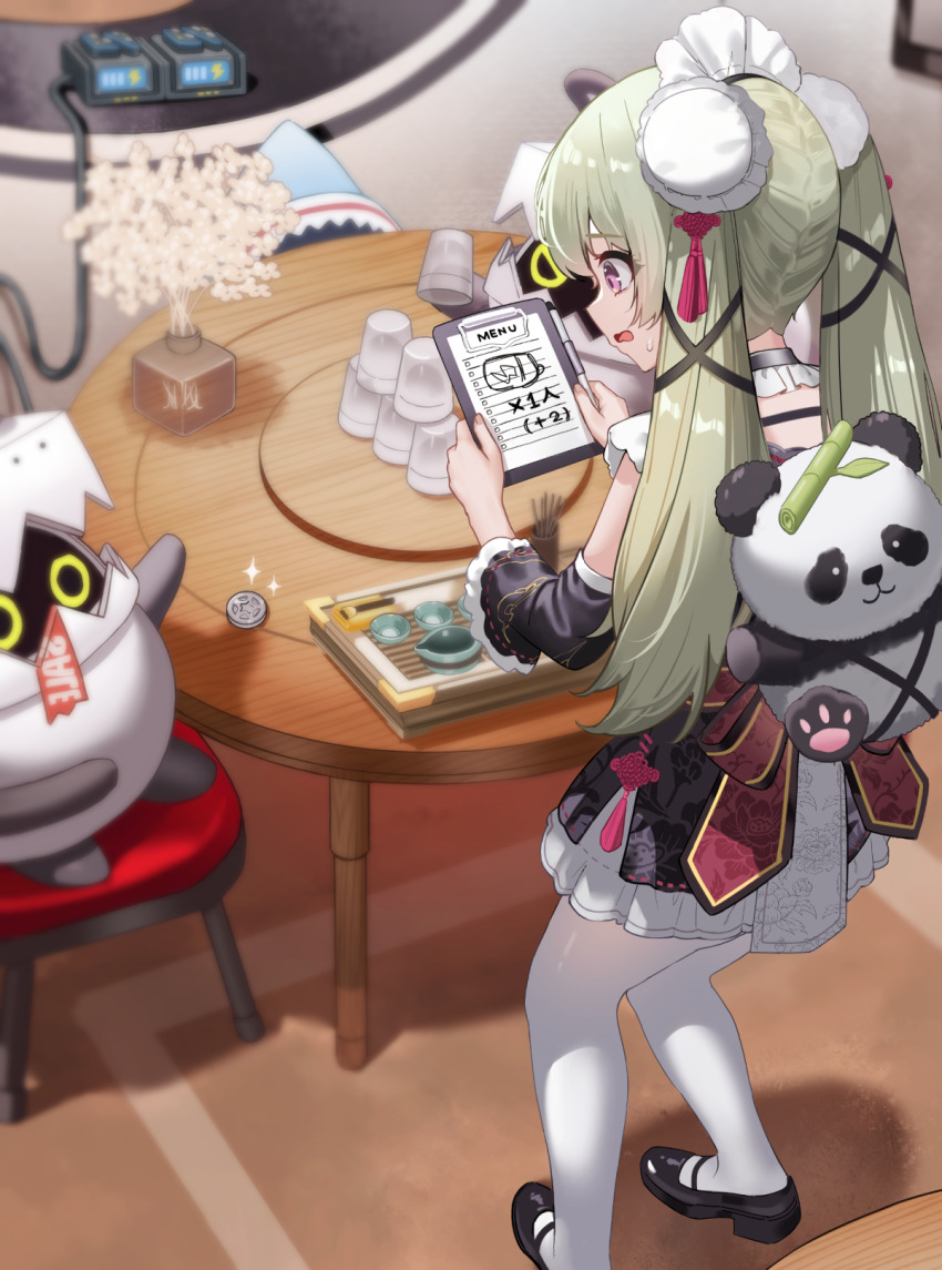 1girl alternate_costume animal_bag bamboo battery bear_bag black_shoes black_sleeves bun_cover champagne_tower clipboard commission corin_wickes detached_sleeves double_bun fingernails green_hair hair_bun highres holding holding_clipboard ine_(ineinnen) long_hair maid_headdress open_mouth panda paperboo_(zenless_zone_zero) pixiv_commission purple_eyes sharkboo_(zenless_zone_zero) shoes sweatdrop table tassel tea_set twintails zenless_zone_zero
