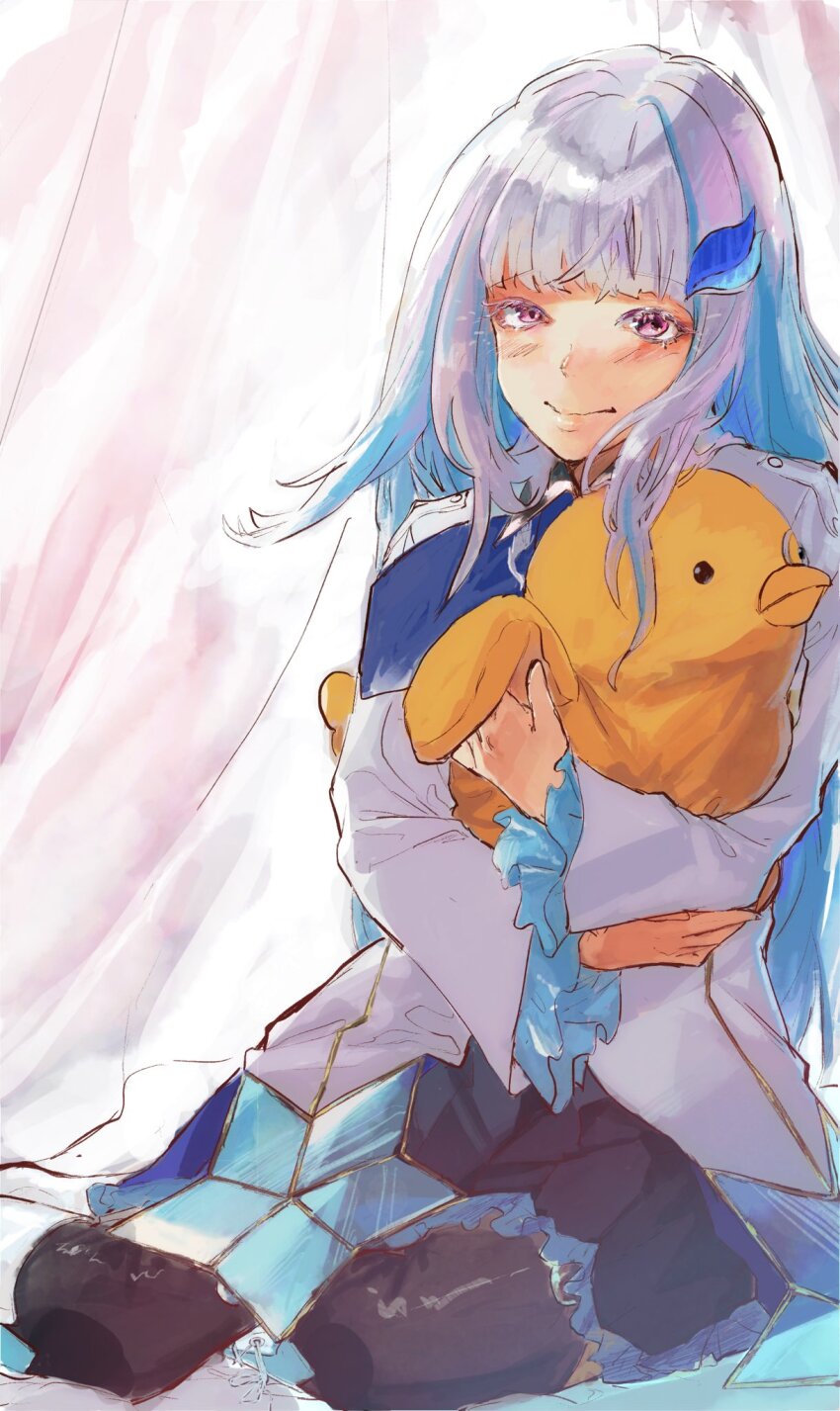 1girl bird blue_hair blunt_bangs blush boots closed_mouth colored_inner_hair curtains duck duckling eichi_hokkaido frilled_skirt frilled_sleeves frills full_body hair_flowing_over hair_ornament highres holding holding_to_chest jacket kneeling light lize_helesta long_sleeves looking_at_viewer medium_hair monocle multicolored_hair nijisanji purple_eyes sebastian_piyodore skirt smile stuffed_toy thighhighs two-tone_hair virtual_youtuber white_background white_hair