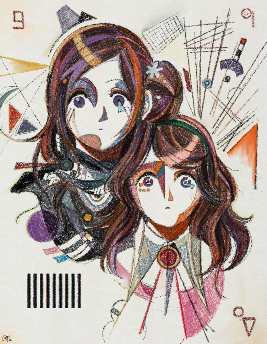 2girls abstract aged_down artist_name brown_hair chippycore closed_mouth collar commentary dual_persona english_commentary faux_traditional_media hair_bun highres kurashiki_akane kyokugen_dasshutsu kyokugen_dasshutsu:_9_jikan_9_nin_9_no_tobira long_hair looking_at_viewer multiple_girls portrait purple_eyes scarf signature single_hair_bun single_side_bun variant_set white_background