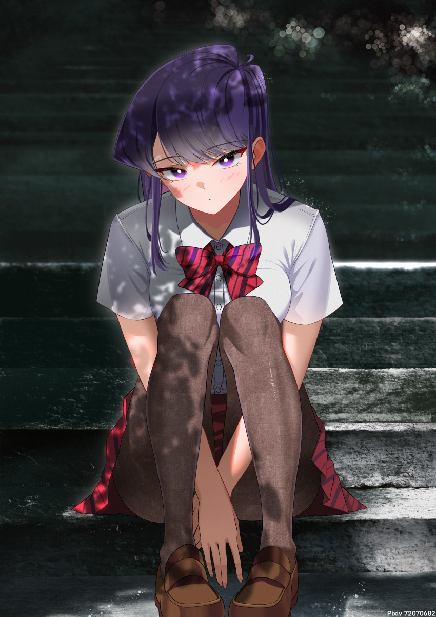 1girl absurdres black_pantyhose botttomtext bow bowtie brown_shoes collared_shirt dappled_sunlight day diagonal-striped_bow diagonal-striped_bowtie diagonal-striped_clothes diagonal-striped_skirt highres itan_private_high_school_uniform knees_up komi-san_wa_komyushou_desu komi_shouko loafers looking_at_viewer outdoors pantyhose purple_eyes purple_hair red_bow red_bowtie red_skirt school_uniform shirt shoes sitting sitting_on_stairs skirt solo stairs stone_stairs striped_clothes sunlight white_shirt