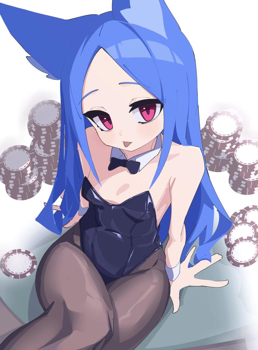 1girl absurdres animal_ears bow bowtie breasts fox_ears highres leotard long_hair looking_at_viewer myakuro original playboy_bunny poker_chip poker_table red_eyes sitting small_breasts solo table tongue tongue_out