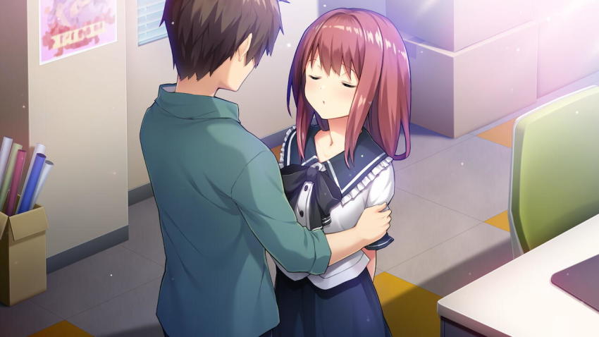 1boy 1girl alpha_(yukai_na_nakamatachi) aqua_shirt black_bow black_bowtie black_sailor_collar blue_skirt bow bowtie brown_hair character_request collared_shirt couple dress_shirt frilled_sailor_collar frills game_cg hair_intakes hetero indoors long_hair sailor_collar sailor_shirt school_uniform shirt short_hair short_sleeves skirt sousaku_kanojo_no_renai_koushiki straight_hair waiting_for_kiss white_shirt