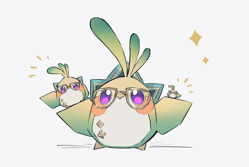 animal_focus animal_on_wing aventurine_(honkai:_star_rail) aventurine_(origami_bird)_(honkai:_star_rail) bird club_(shape) commentary_request diamond_(shape) glasses honkai:_star_rail honkai_(series) looking_at_viewer no_humans notice_lines origami_bird_(honkai:_star_rail) osamu18568716 purple_eyes sparkle yellow-framed_eyewear