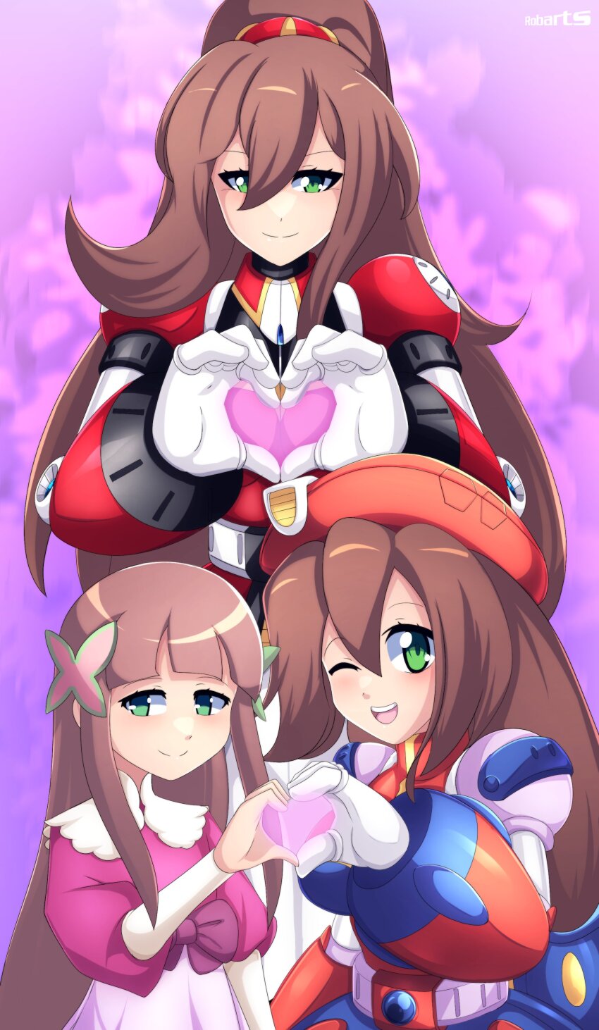3girls ;d absurdres android armor artist_logo axasempai beret blunt_bangs blush bow brown_eyes brown_hair butterfly_hair_ornament collared_shirt dress gloves green_eyes hair_between_eyes hair_ornament hat heart heart_hands heart_hands_duo heart_in_heart_hands high_collar high_ponytail highres iris.exe_(mega_man) iris_(mega_man) iris_-another-_(mega_man) layered_shirt logo long_hair long_sleeves looking_at_viewer low-tied_long_hair mega_man_(series) mega_man_battle_network_(series) mega_man_battle_network_6 mega_man_x_(series) mega_man_x_dive military military_uniform multicolored_dress multiple_girls multiple_persona netnavi one_eye_closed open_mouth pink_dress pleated_skirt ponytail puffy_long_sleeves puffy_sleeves purple_background purple_bow purple_skirt red_armor red_hat robot robot_girl shirt short_hair shoulder_jewel skirt smile straight_hair teeth upper_body upper_teeth_only very_short_hair waist_bow white_gloves