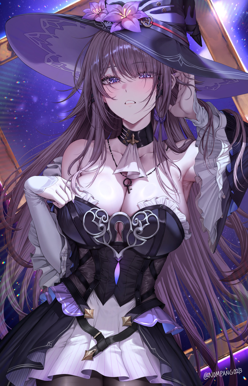 1girl absurdres armpits bare_shoulders black_pantyhose blush breasts cleavage dress eyes_visible_through_hair flower hat hat_flower hat_ornament herta_(honkai:_star_rail) highres honkai:_star_rail honkai_(series) jewelry key key_necklace large_breasts large_hat long_hair long_sleeves looking_at_viewer necklace nompang pantyhose parted_lips purple_eyes purple_hair purple_hat purple_nails solo the_herta_(honkai:_star_rail) twitter_username witch_hat