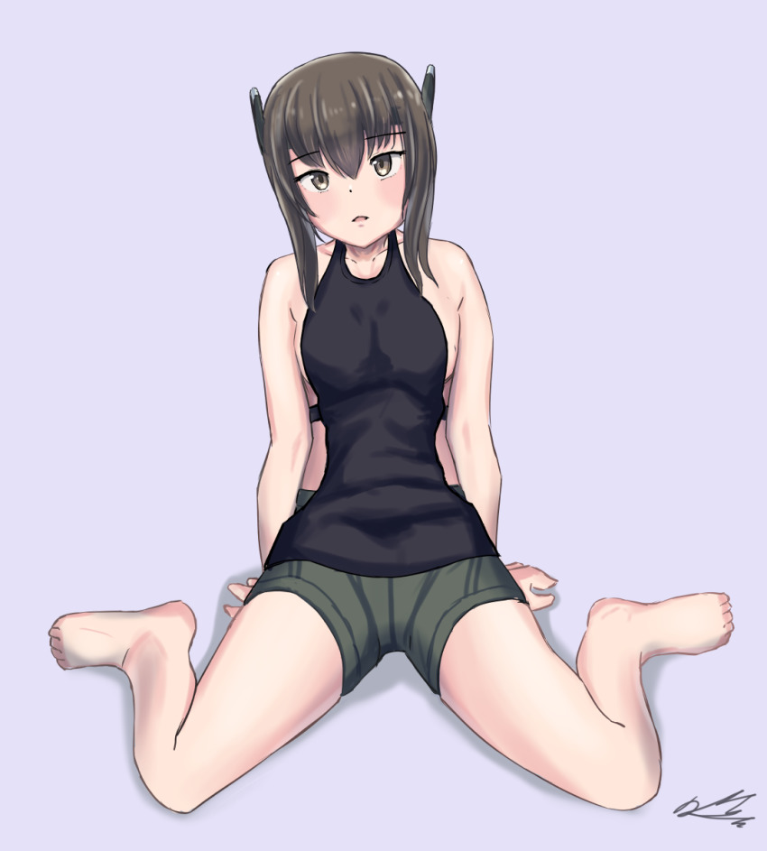 1girl alternate_costume bare_shoulders barefoot black_tank_top brown_eyes brown_hair casual full_body green_shorts grey_background hair_between_eyes headgear highres kantai_collection looking_at_viewer shorts simple_background sitting sleeveless solo taihou_(kancolle) tanasiso tank_top wariza
