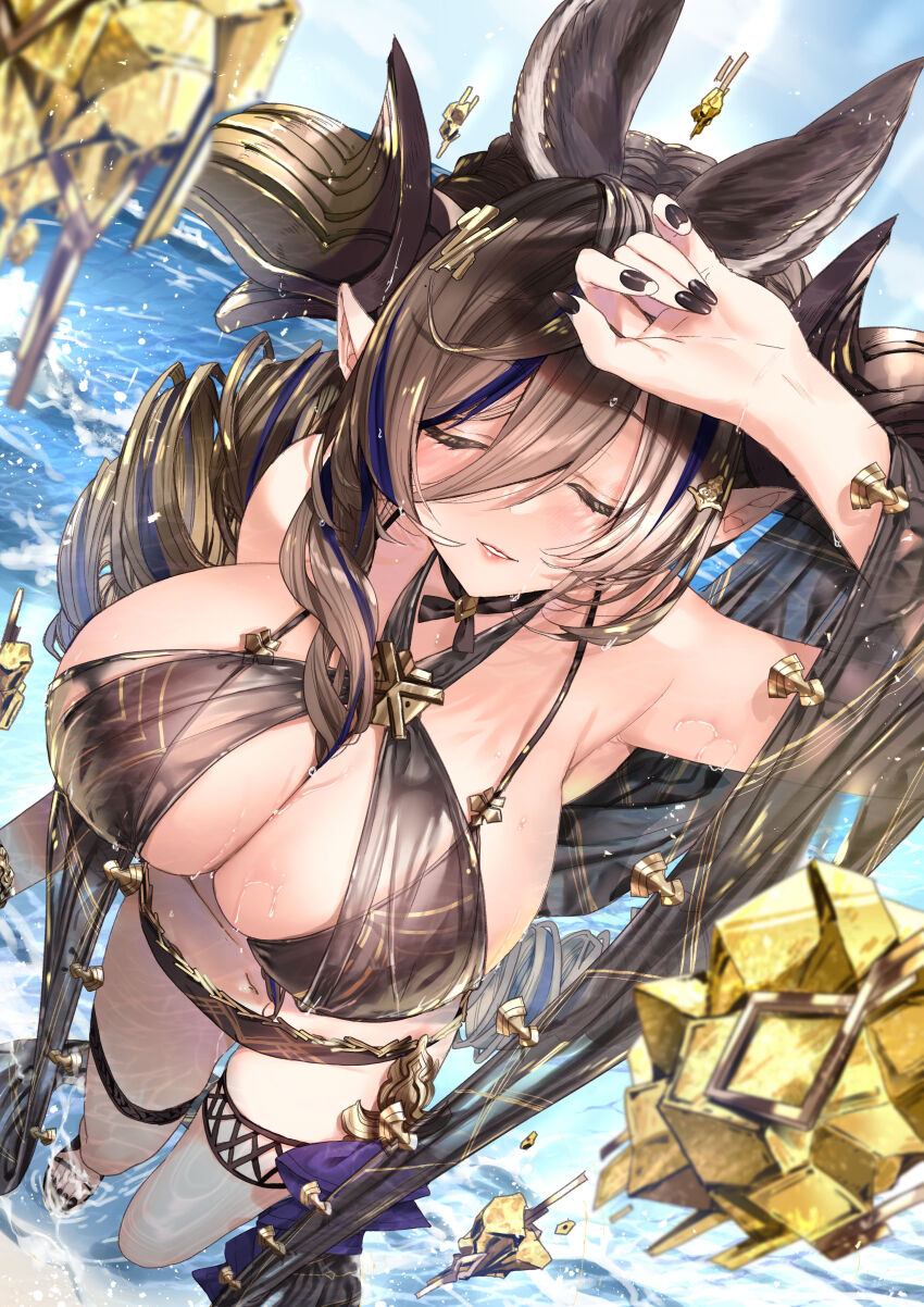 1girl 218 absurdres animal_ears armpits asymmetrical_hair bare_shoulders between_breasts bikini black_nails blue_hair breasts brown_bikini brown_hair brown_horns choker cleavage closed_eyes collarbone day extra_ears facing_up from_above galleon_(granblue_fantasy) granblue_fantasy hair_between_eyes highres horns huge_breasts long_hair multicolored_hair ocean outdoors parted_lips pointy_ears ribbon_choker sandals smile solo staff streaked_hair swimsuit thigh_strap very_long_hair wading water wet