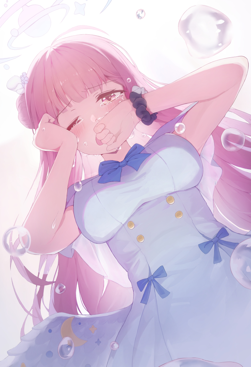 1girl absurdres blue_archive blue_ribbon breasts buttons crying crying_with_eyes_open dress halo highres kdsgame02 large_breasts long_hair looking_at_viewer mika_(blue_archive) neck_ribbon one_eye_closed pink_hair ribbon sleeveless sleeveless_dress solo tears upper_body white_dress