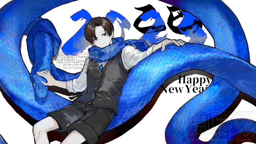 1boy animal blue_eyes blue_gemstone blue_scarf blue_snake brown_hair chinese_zodiac collared_shirt demian_(project_moon) gem grey_shorts grey_sweater_vest hands_on_animal highres jewelry limbus_company long_sleeves looking_at_viewer male_focus nishikujic oversized_animal parted_bangs project_moon scarf shirt short_hair shorts sitting_on_animal smile solo sweater_vest white_background white_shirt year_of_the_snake