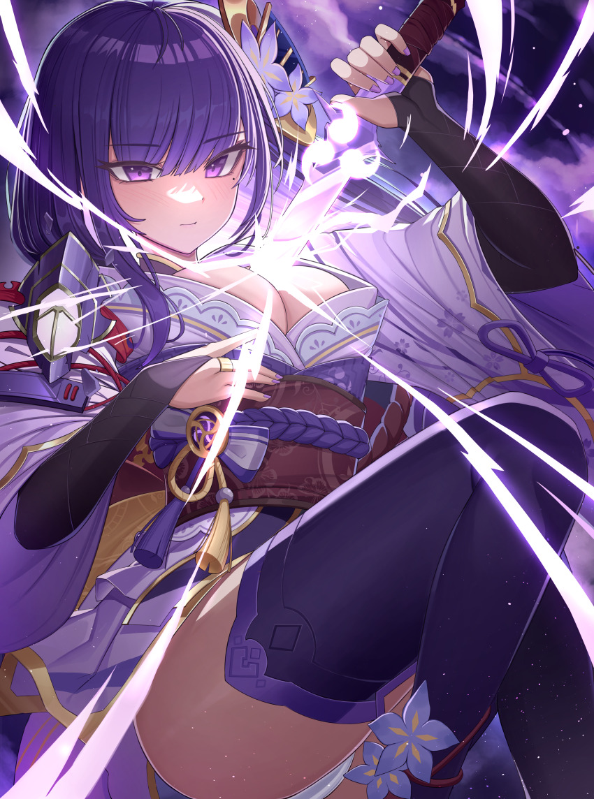 1girl absurdres armor black_thighhighs blunt_bangs breasts bridal_gauntlets cleavage closed_mouth cloud cloudy_sky commentary electricity floating flower genshin_impact glowing glowing_sword glowing_weapon hair_flowing_over hair_ornament highres holding holding_sword holding_weapon human_scabbard japanese_clothes kimono large_breasts light_blush light_particles light_smile long_hair looking_at_viewer looking_to_the_side mitsudomoe_(shape) mole mole_under_eye musou_isshin_(genshin_impact) off_shoulder pang-yo purple_background purple_eyes purple_flower purple_hair purple_kimono purple_nails purple_sky raiden_shogun red_sash sash shade short_sleeves shoulder_armor sky solo sword symbol-only_commentary thick_thighs thighhighs thighs tomoe_(symbol) weapon wide_sleeves wind