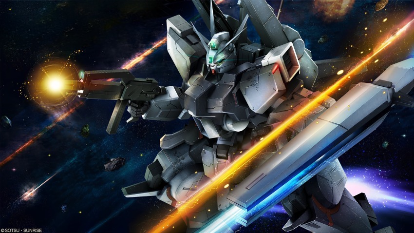 asteroid battle beam_cannon beam_rifle company_name copyright_notice energy energy_beam energy_gun firing glowing gundam gundam_battle_operation_2 gundam_msv gundam_unicorn highres holding holding_weapon machinery mecha mecha_focus mobile_suit no_humans official_art painting_(medium) realistic robot scan science_fiction silver_bullet_(mobile_suit) silver_bullet_funnel_test_type solo space sunrise_(company) tenjin_hidetaka traditional_media weapon zero_gravity