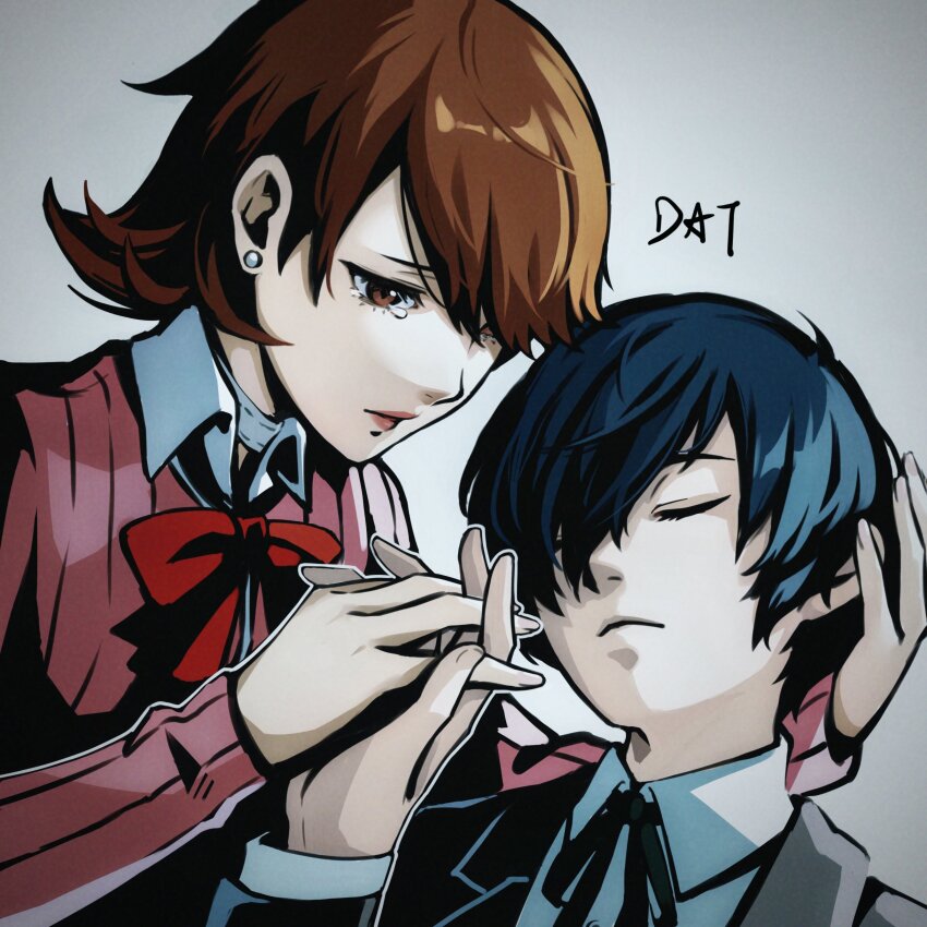 1boy 1girl absurdres artist_name black_jacket black_ribbon blue_hair bow bowtie brown_eyes brown_hair cardigan chinese_commentary choker closed_eyes closed_mouth collared_shirt commentary_request crying crying_with_eyes_open da-cart earrings gekkoukan_high_school_uniform gradient_background grey_background hair_over_one_eye hand_on_another&#039;s_head highres holding_hands interlocked_fingers jacket jewelry lips long_sleeves looking_at_another neck_ribbon pale_skin persona persona_3 pink_cardigan pink_lips red_bow red_bowtie ribbed_cardigan ribbon school_uniform shirt short_hair stud_earrings takeba_yukari tears upper_body white_choker white_shirt yuuki_makoto_(persona_3)