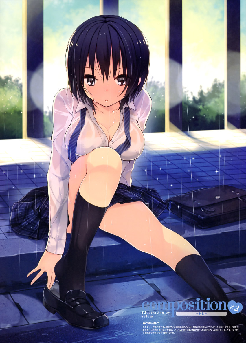 1girl absurdres artist_name bag black_bag black_eyes black_hair black_shoes black_socks blue_neckwear blue_skirt bow bowtie breasts briefcase cleavage cloud cloudy_sky collarbone convenient_leg dappled_sunlight day diagonal-striped_clothes diagonal-striped_neckwear e_2 english_text female_focus hair_between_eyes heart highres kneehighs large_breasts lens_flare loafers magazine_scan miniskirt neck_ribbon official_art on_floor open_clothes open_shirt original outdoors parted_lips plaid_clothes plaid_skirt pleated_skirt rain refeia removing_shoes ribbon scan school_bag school_briefcase school_uniform shirt shoes short_hair sitting skindentation skirt sky socks solo sparkle striped_bow striped_bowtie striped_clothes striped_neckwear sunlight translation_request tree undone_bowtie undone_neck_ribbon wet wet_clothes wet_shirt white_shirt